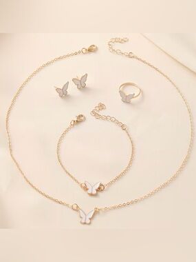 Gold Butterfly Jewelry Set with White Enamel Accents